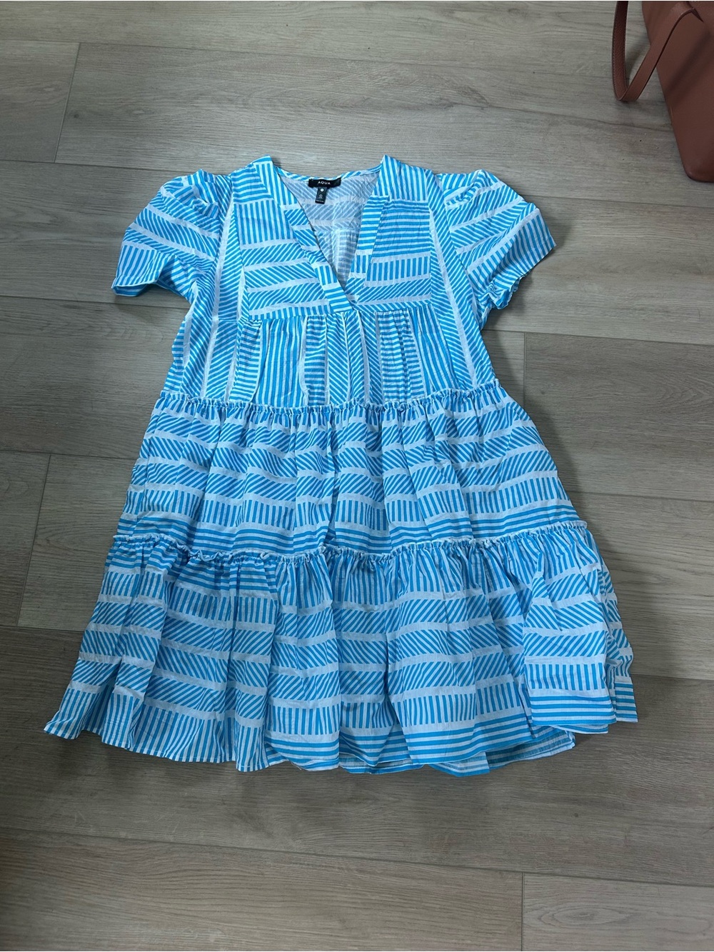 Aqua Blue and White Geometric Stripe V-Neck Dress